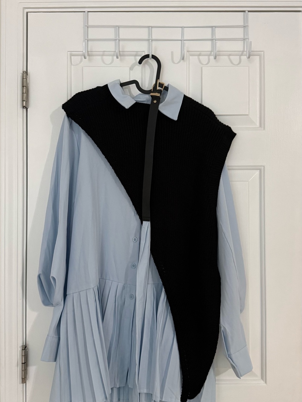 Light Blue Pleated Shirt Dress with Black Knit Overlay